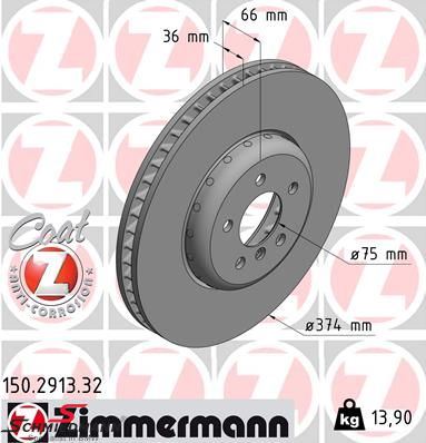 Brake disc front, right side, 374X36mm - Ventilated, bi-metal, coated