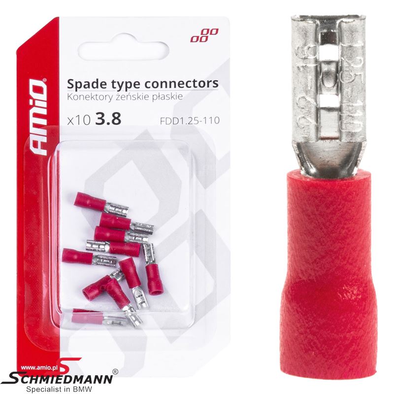 Spade type connectors female - 3.8mm, 0.5-1.5mm2, 10A, 10 pcs