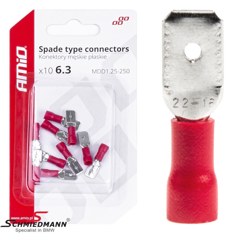 Spade type connectors male - 6.3mm, 0.5-1.5mm2, 10A, 10 pcs