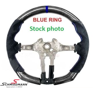 Sports steering wheel - Red stitching, blue ring, carbon and suede