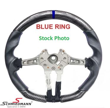 Sports steering wheel - Red stitching, blue ring, carbon and perforated leather