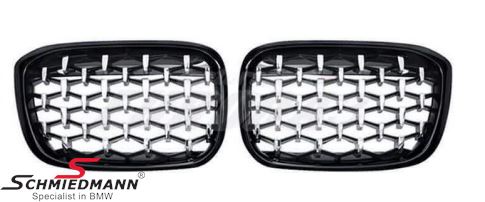 Kidney set - gloss black trim, silver diamond grills