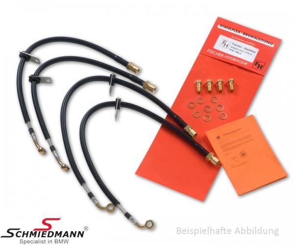 Racing brake hose set front/rear, Stainless steel, Oldtimer car optics -Fischer Stahlflex-