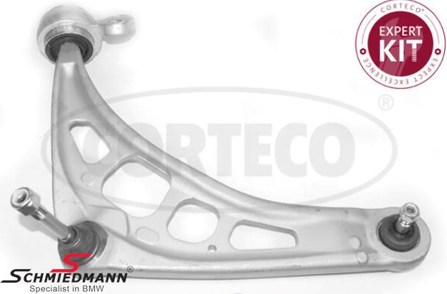 Wishbone left side front, lower, alloy with rubber mounting