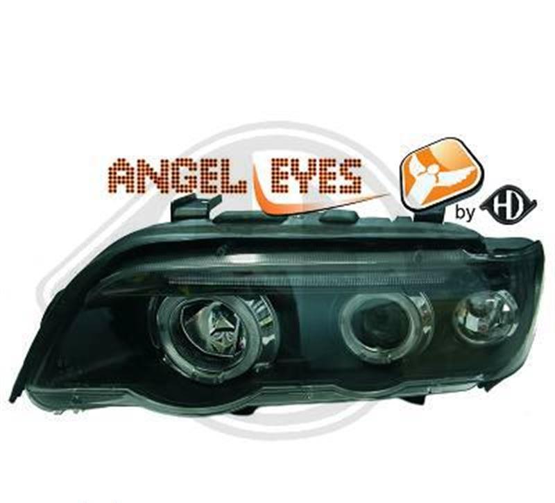 Strålkastaruppsättning H1/H1 klarglas/svart, angel eyes-ringar+vita blinkers FLE53AB BMW X5 (E53)