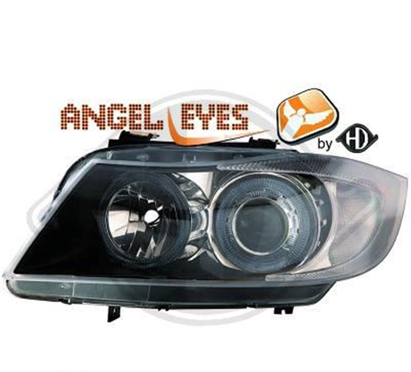 Strålkastaruppsättning H7+H7 klarglas/svart, med angel eyes-ringar+vita blinkers FL9091AB BMW E90 E91