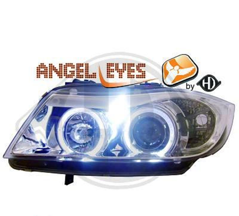 Strålkastaruppsättning H7+H1 klarglas/krom, med LED angel eyes-ringar+vita blinkers FL9091AC BMW E90 E91
