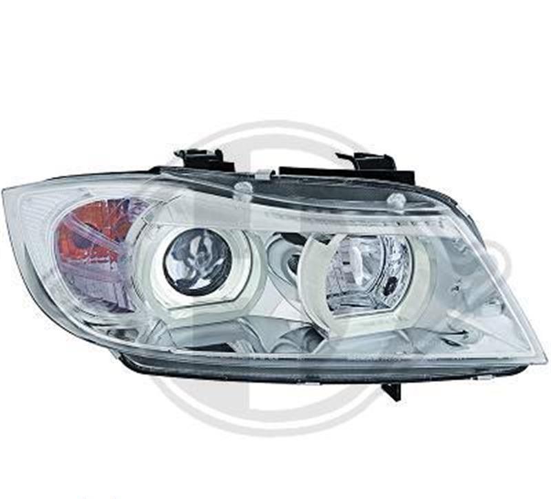 Strålkastaruppsättning H7 klarglas/krom, med angel eyes-ringar + vita blinkers FL9091ACC BMW E90 E91