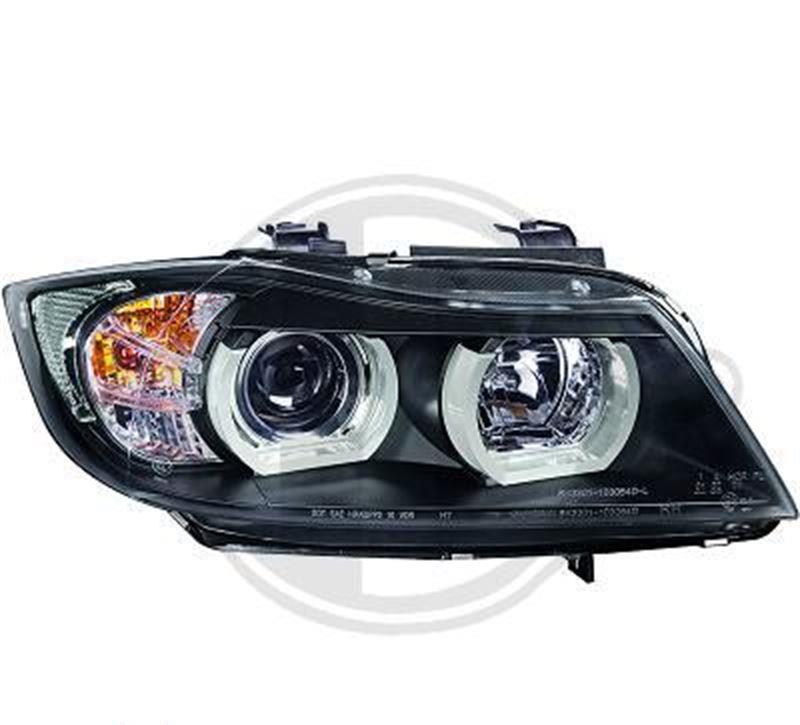 Strålkastaruppsättning H7 klarglas/svart, med angel eyes-ringar + vita blinkers FL9091B BMW E90 E91