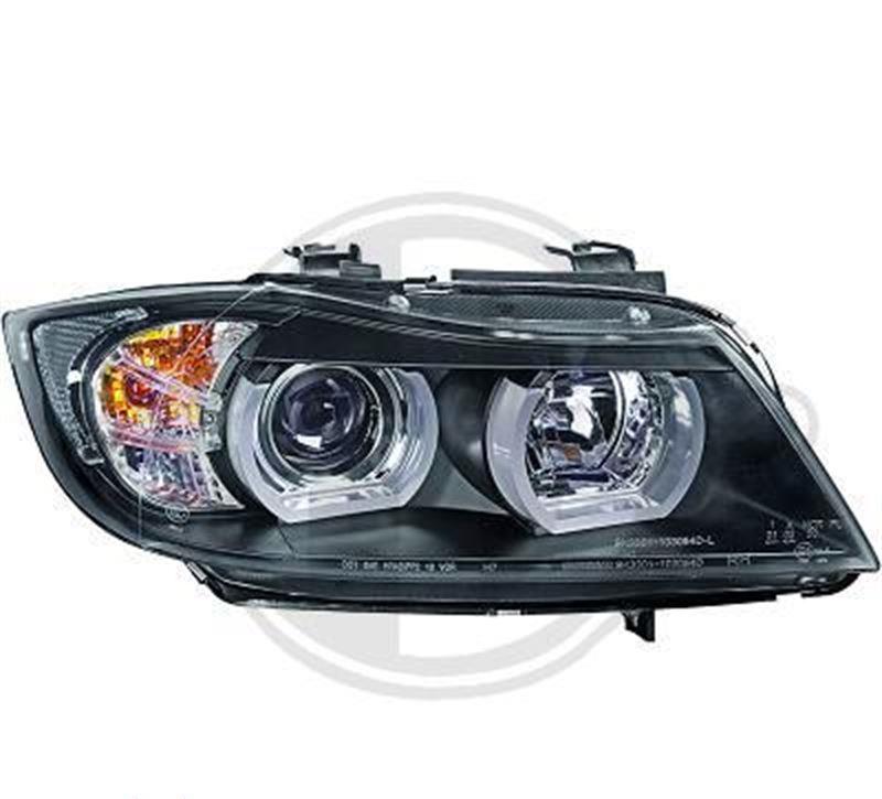 Strålkastaruppsättning xenon D1S/H1 klarglas/svart, med angel eyes-ringar+vita blinkers FL9091ABXEN BMW E90 E91