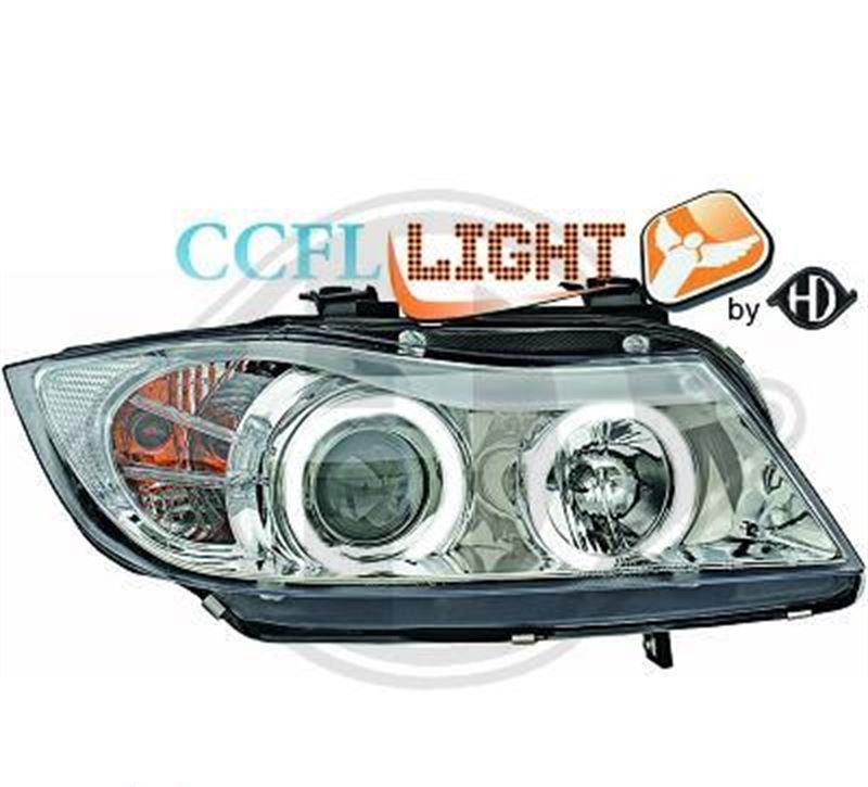Strålkastaruppsättning H1+H1 klarglas/krom, med CCFL angel eyes ringar+vita blinkers FL9091ACCFL BMW E90 E91
