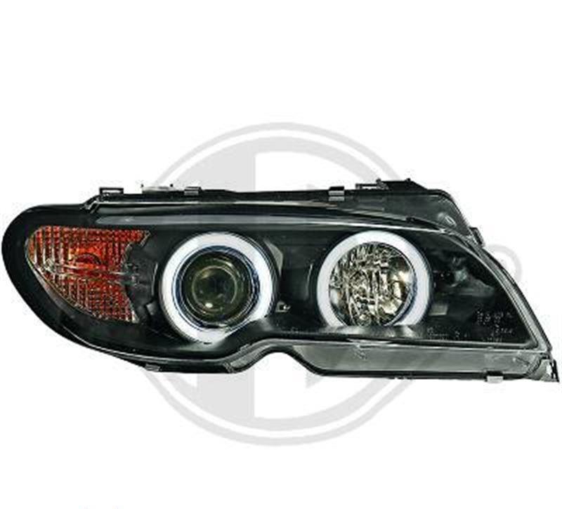 Strålkastaruppsättning xenon D2S+H1 klarglas/svart, med LED angel eyes ringar+vita blinkers (-E) FL46CBXEN BMW E46