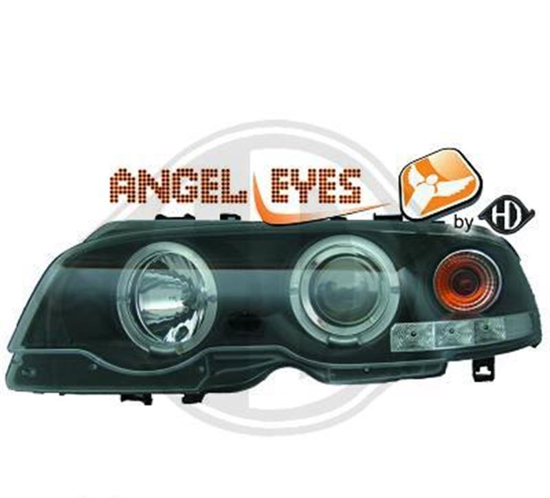 Strålkastaruppsättning H1+H1 klarglas/svart, med angel eyes-ringar+sidoblinkers FL46CDCBH1 BMW E46