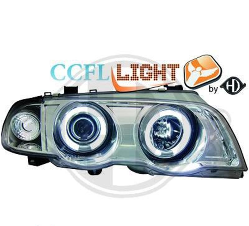 Strålkastaruppsättning H1/H1 klarglas/krom, CCFL angel eyes-ringar, med blinkers FL46LCCFL BMW E46