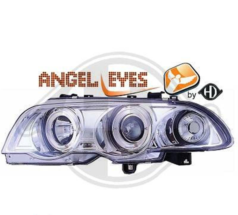 Strålkastaruppsättning H1/H1 klarglas/krom, med angel eyes-ringar, med blinkers FL46LCC BMW E46