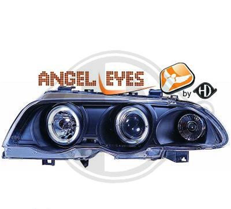 Strålkastaruppsättning H1/H1 klarglas/svart, med angel eyes-ringar, med blinkers FL46LCB BMW E46