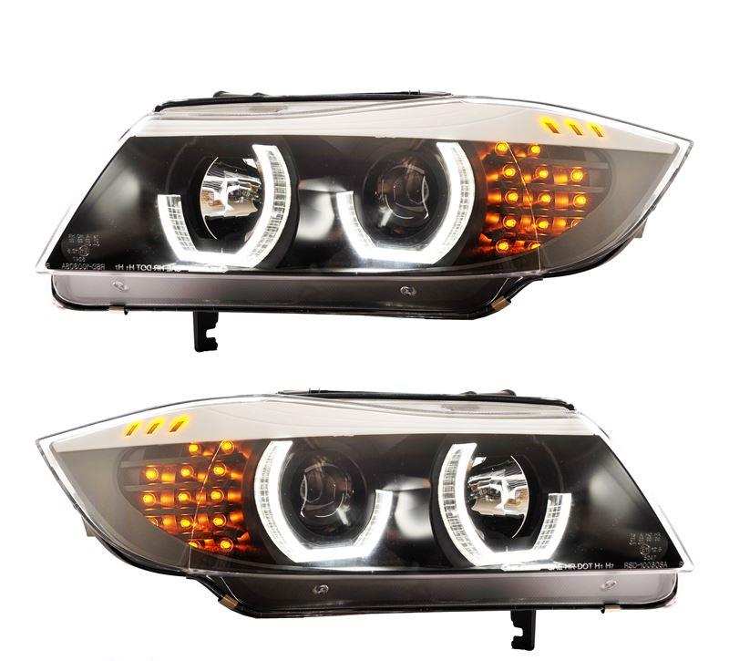 Strålkastare E90 05-08, halogen H1/H7, F3D angel eyes svart FLE90AEF3D BMW E90 E91