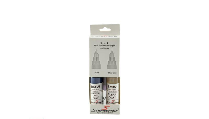 Schmiedmann touch up quality paint stick including clear coat -paint repair touch up and brush set- ESTORILBLAU B45 - 2X15ml. Cellulose-based SCM2TUP