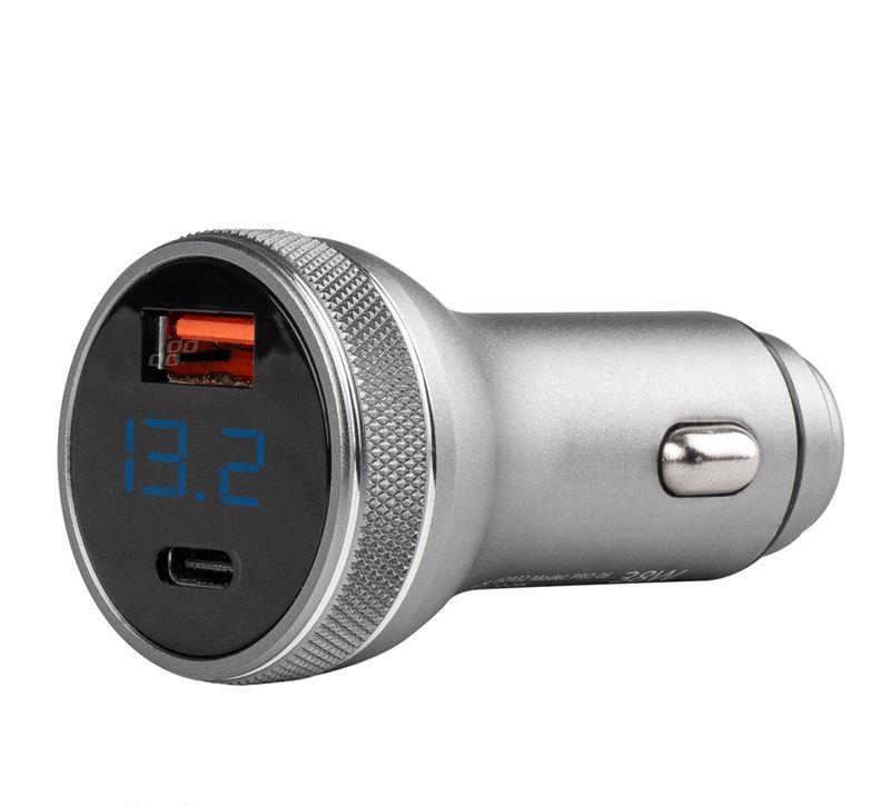 Adapter för cigarettändare, 2 ingångar, USB-A/USB-C, med voltmeter 02932