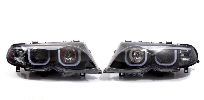 Strålkastare H1+H7 svart -3D- LED angel eyes med inbyggda blinkers och DRL-look FL3D46NS BMW E46