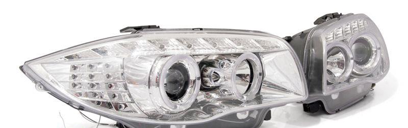 Strålkastare H1/H1 set -Chrom Edition- facelift 2008LCI look, angel eyes ringar+vit facelift look LED-blinkers FL87LEDK BMW E87 E81 E82 E87LCI E88